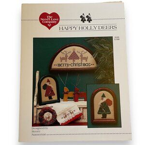 Need’l Love Cross Stitch Leaflet Happy Holly Deers Vintage 1985